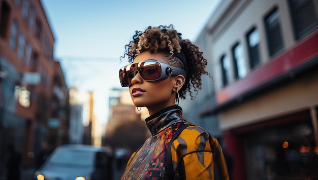 Mulher afro-americana elegante com penteado afro em óculos de sol posando na cidade