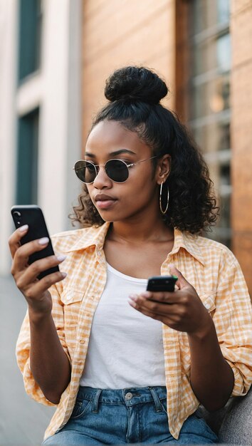 Mulher afro-americana elegante mulher com smartphone na rua