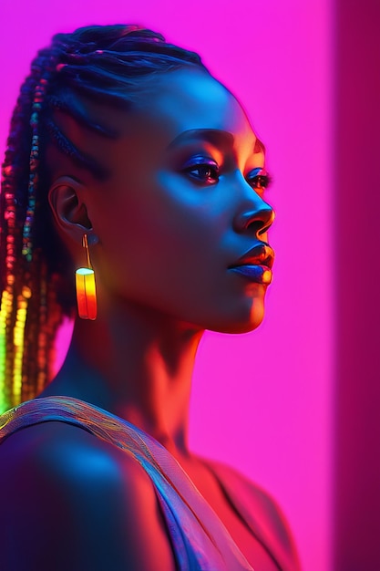 Mulher afro-americana em luz de néon Mulher afro-americana em luzes de néon Jovem mulher afro-americana