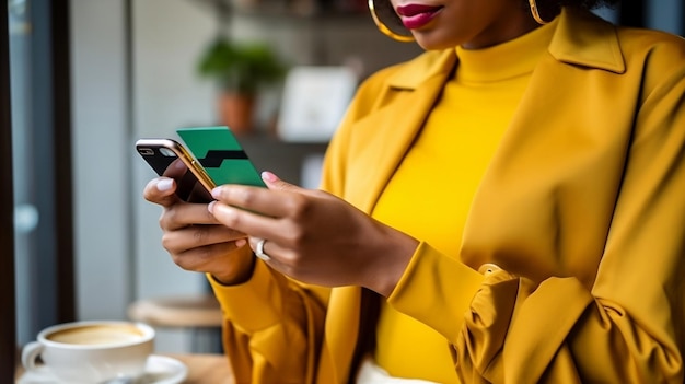 Mulher afro-americana em uma cafeteria pagando um café com cartão de crédito por meio de um aplicativo de telefone