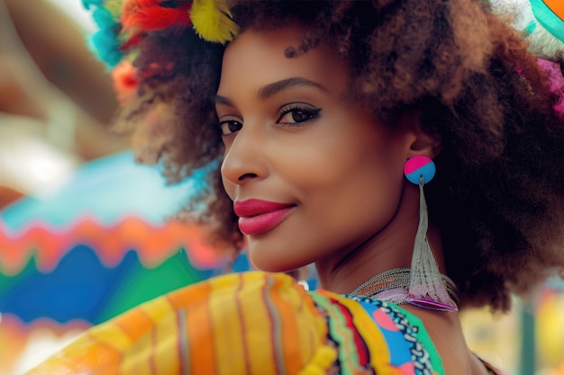 Foto mulher afro-americana em vestido vibrante e tocado preparando-se para uma apresentação de carnaval