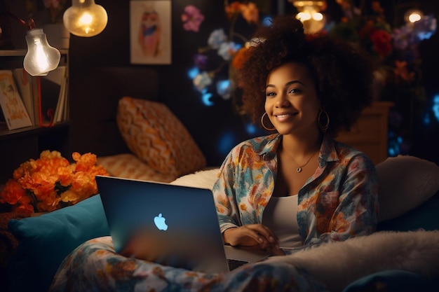 Mulher afro-americana enérgica relaxada com um laptop gerador de IA