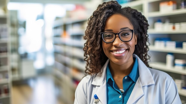 Mulher afro-americana farmacêutica em frente às prateleiras da farmácia