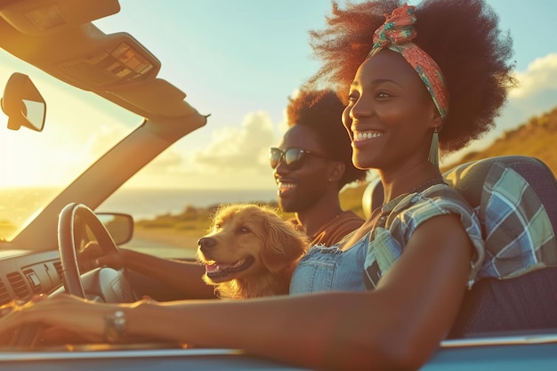 Foto mulher afro-americana feliz com cão no carro com ia gerada