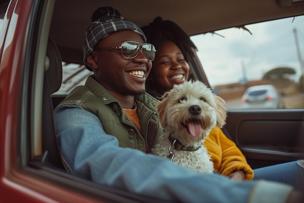 Mulher afro-americana feliz com cão no carro com IA gerada