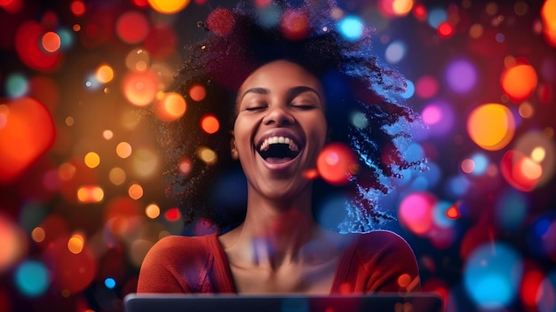Mulher afro-americana feliz comemora oferta de emprego on-line em laptop Conceito Celebração de oferta de emprego online Mulher africana-americana Laptop Expressão feliz