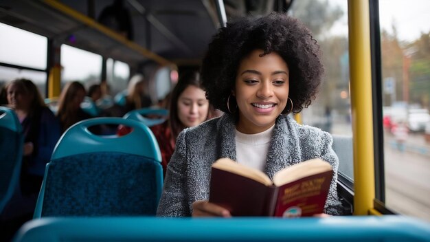 Foto mulher afro-americana feliz lendo um livro enquanto se desloca de ônibus