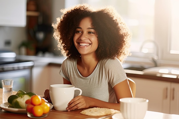 Mulher afro-americana feliz tomando café da manhã saudável com uma tigela de cereal na mesa de casa generativa