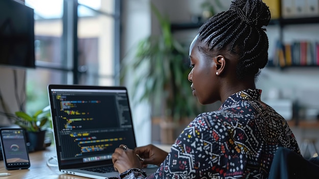 Mulher afro-americana focada em programar codificação em seu laptop em um espaço de escritório bem iluminado mostrando a diversidade na indústria de tecnologia