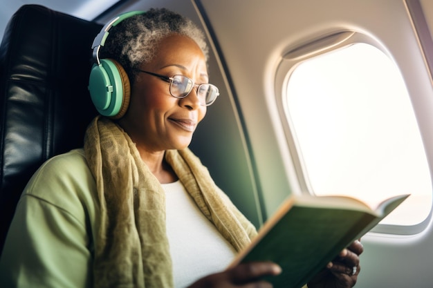 Mulher afro-americana idosa lendo um livro enquanto viaja de avião