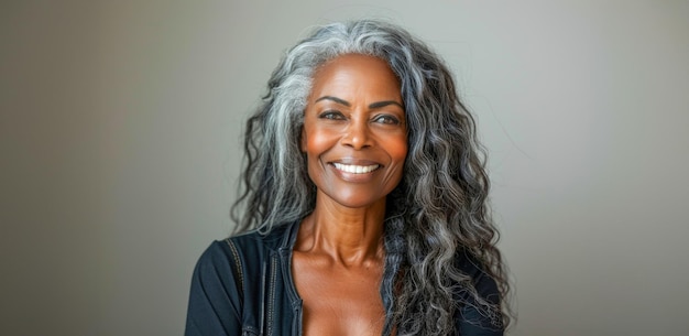 Mulher afro-americana madura e radiante com cabelo prateado a sorrir.