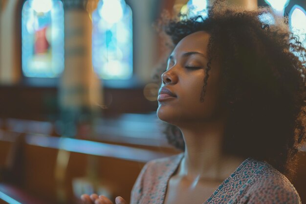 Mulher afro-americana orando na igreja Efeito cinematográfico