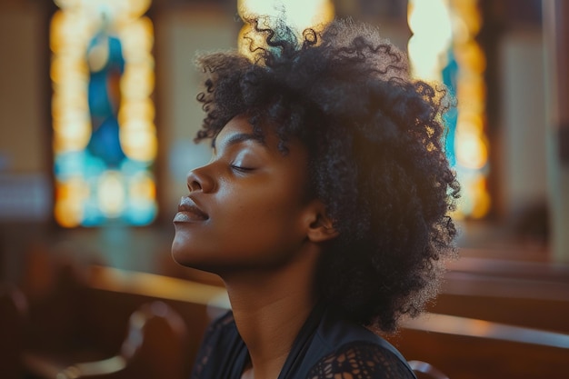 Mulher afro-americana orando na igreja Efeito cinematográfico