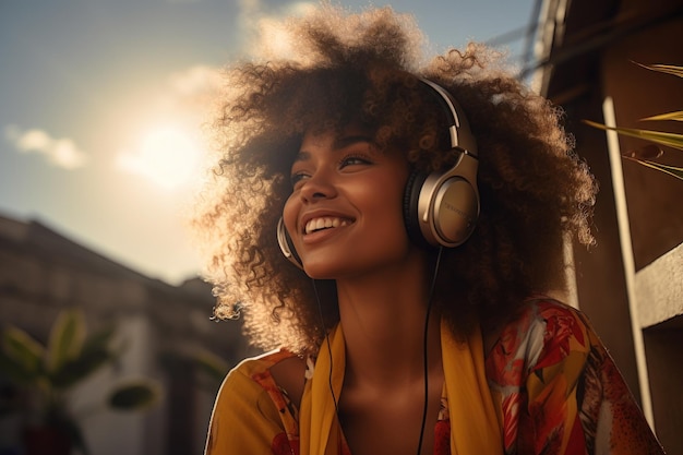 Mulher afro-americana ouve música com fones de ouvido na rua da cidade Generative AI