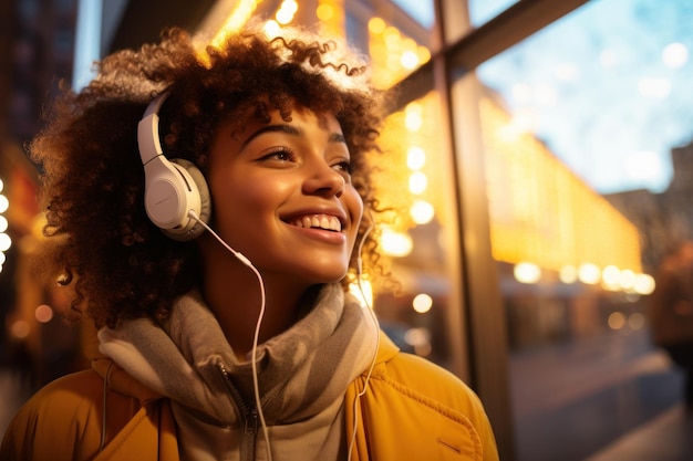 Mulher afro-americana ouve música com fones de ouvido na rua da cidade Generative AI