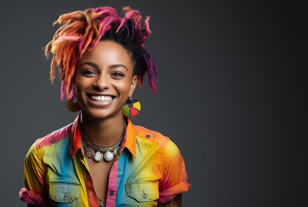 mulher afro-americana sorridente com dreadlocks coloridos isolados em cinza AI gerado