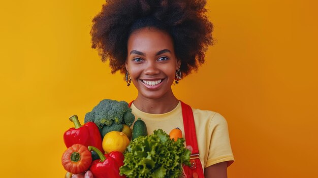 Mulher afro-americana sorridente segurando uma caixa de vegetais