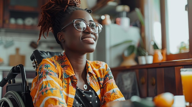 Mulher afro-americana sorridente sentada numa cadeira de rodas