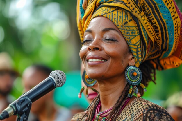 Foto mulher afro-americana sorrindo em trajes tradicionais africanos durante um evento cultural ao ar livre