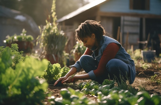 Foto mulher afro-americana trabalhando com vegetais em um jardim comunitário