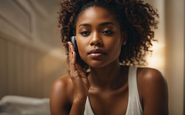 Foto mulher afro-americana usando esponja e aplicando creme no rosto