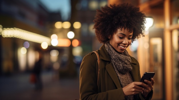 Mulher afro-americana usando mídias sociais em smartphone ao ar livre