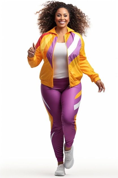 Mulher afro de tamanho gordo usa roupas esportivas coloridas em fundo branco ou transparente