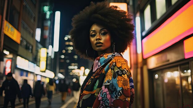 Mulher afro empoderada e confiante à noite na cidade.