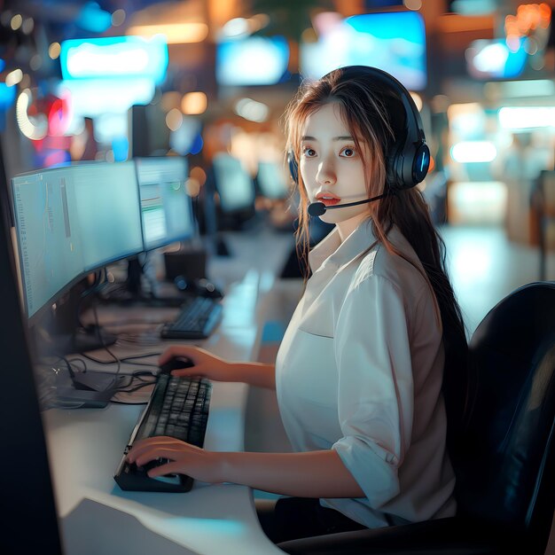 Foto mulher agente de call center usando fone de ouvido trabalhando no escritório de suporte ao cliente