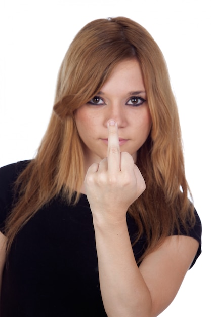 Foto mulher agressiva, fazendo um gesto insultuoso, isolado no fundo branco