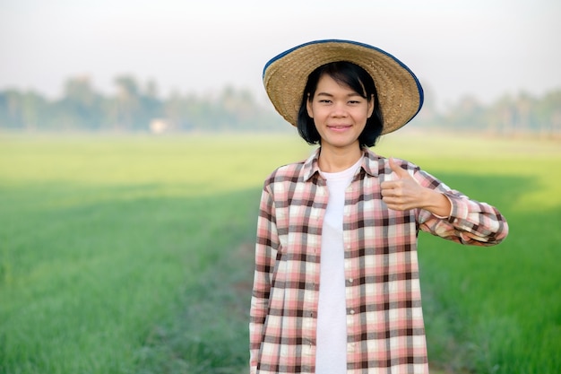 Mulher agricultora asiática sorri com um chapéu e posa com o polegar para cima em uma fazenda de arroz verde