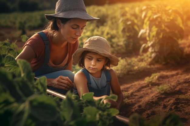 Foto mulher agricultora atraente com criança no campo de plantação trabalhadora agrícola temporada de colheita gerar ai