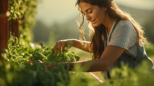 Mulher agricultora colhendo alface de um campo