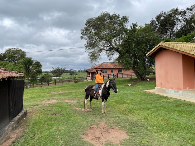 Foto mulher agricultora com chapéu andando a cavalo