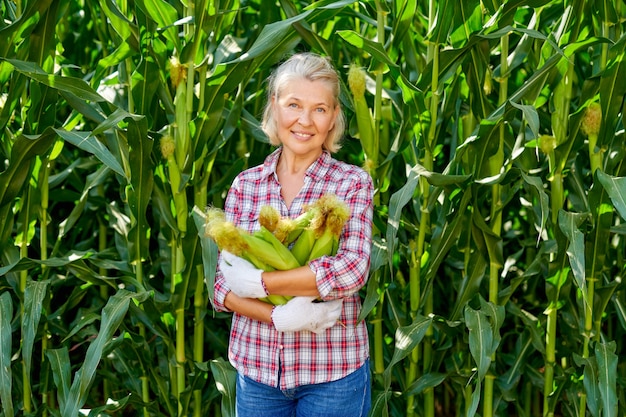 Foto mulher agricultora com uma colheita de milho.