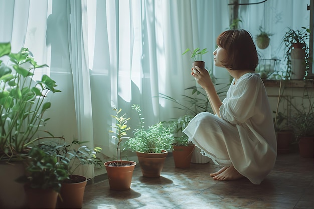 Mulher ajoelhada em uma sala segurando plantas em vaso