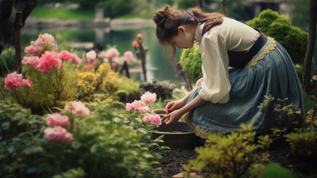 Mulher ajoelhada no jardim entre as flores