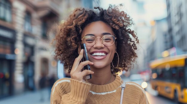 Mulher alegre a conversar com o telemóvel num cenário urbano