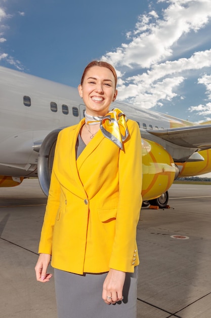 Mulher alegre aeromoça em uniforme de companhia aérea olhando para a câmera e sorrindo em pé perto de aeronaves no aeroporto