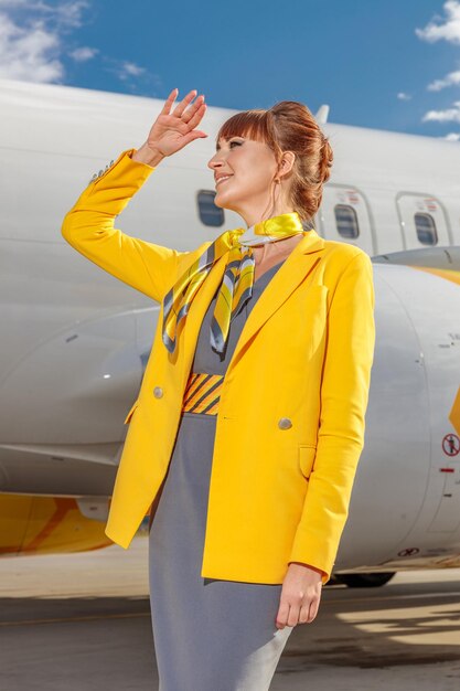 Mulher alegre aeromoça em uniforme de companhia aérea segurando a mão perto da testa e sorrindo enquanto espera a chegada do avião no aeroporto