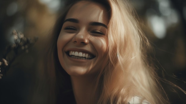 Mulher alegre com cabelos longos sorrindo e mostrando dentes