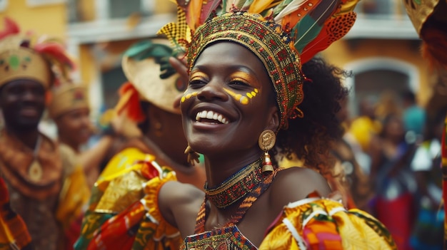 Foto mulher alegre com rosto pintado e chapéu ornamentado celebra com um sorriso brilhante em um carnaval de rua vibrante