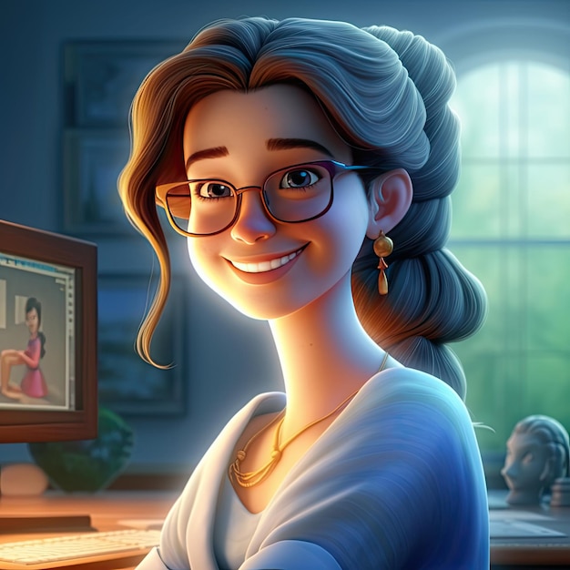 Mulher alegre com rosto sorridente usando computador em ilustração estilo cartoon