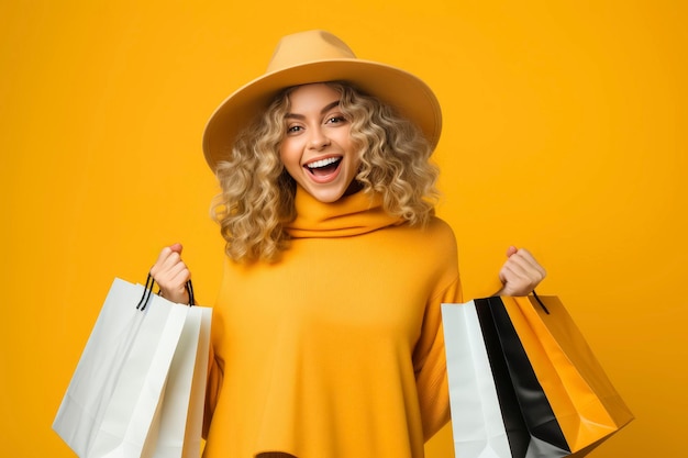 Mulher alegre com sacos de compras em fundo amarelo