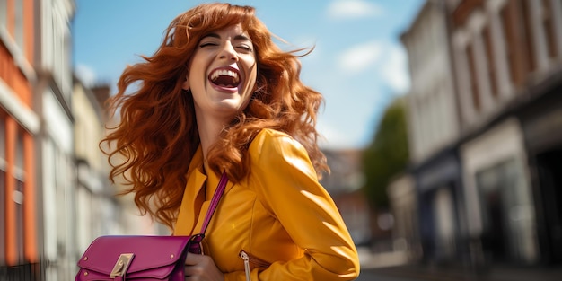 Mulher alegre com um casaco amarelo rindo em uma rua ensolarada conceito de felicidade estilo urbano AI