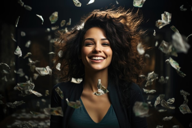 Foto mulher alegre dançando com dinheiro sorrindo satisfeita com o prêmio a pé em ia generativa branca