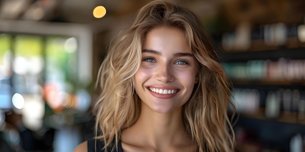 Mulher alegre desfrutando de um corte de cabelo em um salão com um sorriso brilhante Conceito Salão de cabelos Cliente feliz Sorrisos brilhantes Corte de cabelo Experiência Transformação de beleza