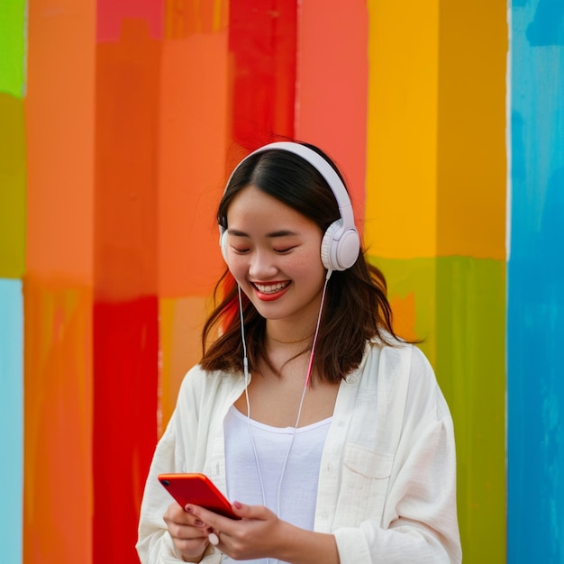 mulher alegre e elegante escolhe uma canção para ouvir de sua playlist gosta de um bom som em fones de ouvido