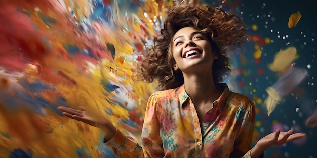 Mulher alegre em meio a uma vibrante explosão de pintura capturando a essência da felicidade e da criatividade em um estilo de arte contemporânea.