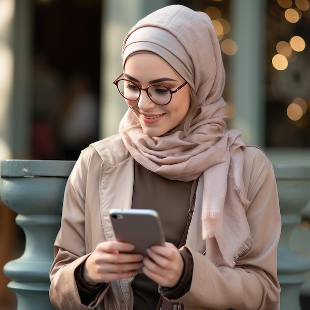 Mulher alegre em roupas quentes usa smartphone na paisagem urbana